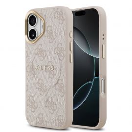 Rausvas dėklas telefonui Apple iPhone 17 "Guess PU Leather 4G Gold Frame MagSafe"