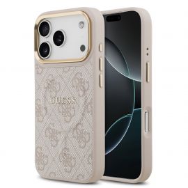 Rausvas dėklas telefonui Apple iPhone 17 Pro "Guess PU Leather 4G Gold Frame MagSafe"