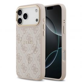 Rausvas dėklas telefonui Apple iPhone 17 Pro Max "Guess PU Leather 4G Gold Frame MagSafe"
