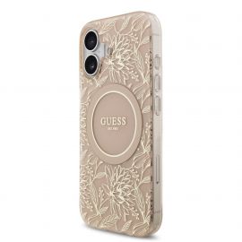 Rausvas dėklas telefonui Apple iPhone 17 "Guess IML Flowers Allover Strap MagSafe"