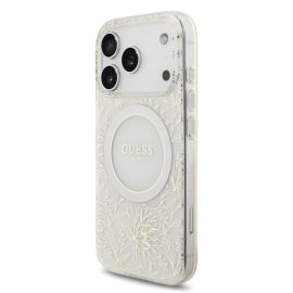 Baltas dėklas telefonui Apple iPhone 17 Pro "Guess IML Flowers Allover Strap MagSafe"