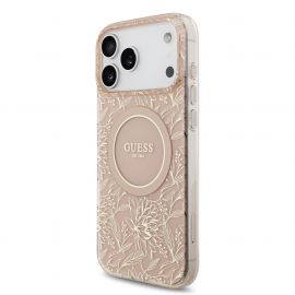 Rausvas dėklas telefonui Apple iPhone 17 Pro Max "Guess IML Flowers Allover Strap MagSafe"