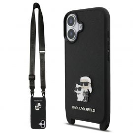 Juodas dėklas telefonui Apple Iphone 17 "Karl Lagerfeld Saffiano Crossbody Strap Metal Karl and Choupette"