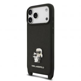Juodas dėklas telefonui Apple Iphone 17 Pro Max "Karl Lagerfeld Saffiano Crossbody Strap Metal Karl and Choupette"