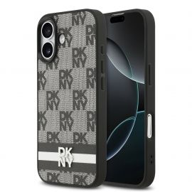 Juodas dėklas telefonui Apple Iphone 17 "DKNY PU Leather Checkered Pattern and Stripe"