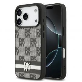Juodas dėklas telefonui Apple Iphone 17 Pro "DKNY PU Leather Checkered Pattern and Stripe"