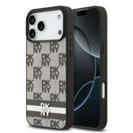 Juodas dėklas telefonui Apple Iphone 17 Pro Max "DKNY PU Leather Checkered Pattern and Stripe"