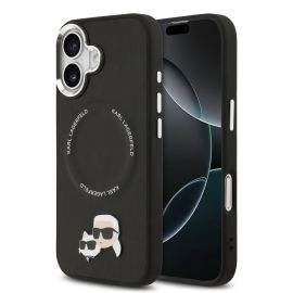 Juodas originalus dėklas Karl Lagerfeld PU Karl and Choupette Heads Pins MagSafe telefonui Apple Iphone 17