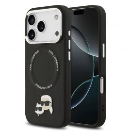 Juodas originalus dėklas Karl Lagerfeld PU Karl and Choupette Heads Pins MagSafe telefonui Apple Iphone 17 Pro Max