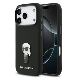 Juodas dėklas Karl Lagerfeld Liquid Silicone Metal Ikonik telefonui Apple Iphone 17 Pro
