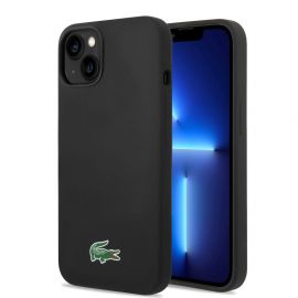 Juodas dėklas Lacoste Liquid Silicone Microfiber Croc Logo MagSafe telefonui Apple iPhone 13 / 14 / 15