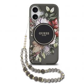 Juodas originalus dėklas Guess IML Flowers Straps MagSafe telefonui Apple Iphone 17
