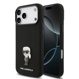 Juodas originalus dėklas Karl Lagerfeld Liquid Silicone Metal Ikonik telefonui Apple iPhone 17 Pro Max