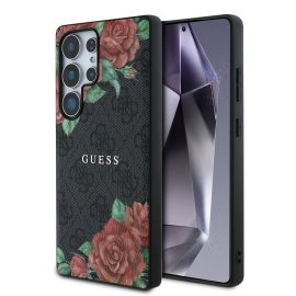 Juodas dėklas Guess PU Leather 4G Flowers Print Metal Classic Logo MagSafe telefonui Samsung Galaxy S25 Ultra