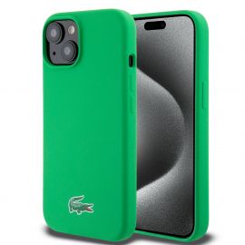 Žalias dėklas Lacoste Liquid Silicone Microfiber Croc Logo MagSafe telefonui Apple iPhone 15