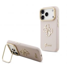Rausvas dėklas telefonui Apple iPhone 17 Pro "Guess PU Grained 4G Logo Stand Camera Frame"