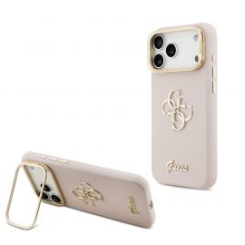 Rausvas dėklas telefonui Apple iPhone 17 Pro Max "Guess PU Grained 4G Logo Stand Camera Frame"