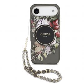 Juodass originalus dėklas Guess IML Flowers Strap MagSafe telefonui Apple Iphone Air