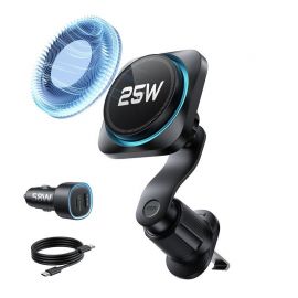 Juodas telefono laikiklis su pakrovimu "ESR OMNILOCK CRYOBOOST MAGNETIC MAGSAFE VENT CAR MOUNT WIRLESSS CHARGER QI2.2 25W"