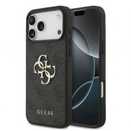 Pilkas originalus dėklas Guess PU 4G Metal Logo telefonui Apple iPhone 17 Pro Max