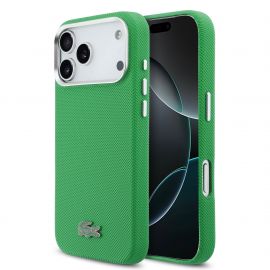 Žalias dėklas Lacoste PVC Iconic Petit Pique Metal Logo MagSafe telefonui Apple iPhone 17 Pro Max