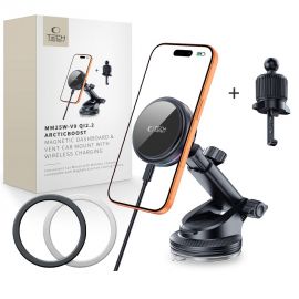 Juodas telefono laikiklis su pakrovimu "TECH-PROTECT V9 ARCTICBOOST MAGNETIC MAGSAFE DASHBOARD & VENT CAR MOUNT WIRELESS CHARGER 25W QI2.2"