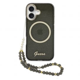 Juodas originalus dėklas Guess IML Glitter Script Strap MagSafe telefonui Apple Iphone 17