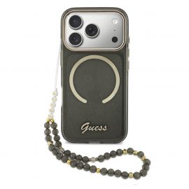 Juodas originalus dėklas Guess IML Glitter Script Strap MagSafe telefonui Apple Iphone 17 Pro