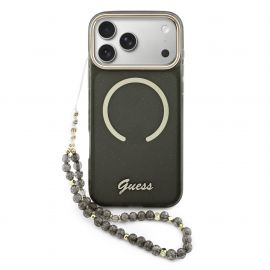 Juodas originalus dėklas Guess IML Glitter Script Strap MagSafe telefonui Apple Iphone 17 Pro Max