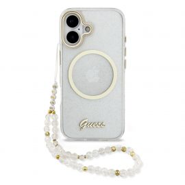 Skaidrus originalus dėklas Guess IML Glitter Script Strap MagSafe telefonui Apple Iphone 17