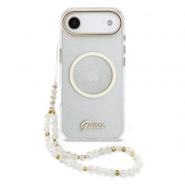 Skaidrus originalus dėklas Guess IML Glitter Script Strap MagSafe telefonui Apple Iphone Air