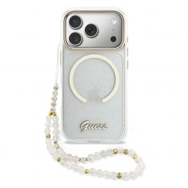 Skaidrus originalus dėklas Guess IML Glitter Script Strap MagSafe telefonui Apple Iphone 17 Pro Max
