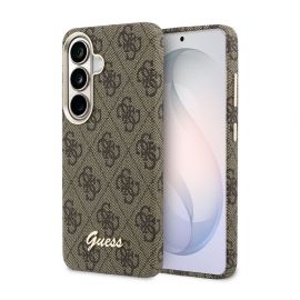 Rudas originalus dėklas Guess PU 4G Script Metal Logo Magnetic telefonui Samsung Galaxy S26