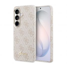 Rausvas originalus dėklas Guess PU 4G Script Metal Logo Magnetic telefonui Samsung Galaxy S26