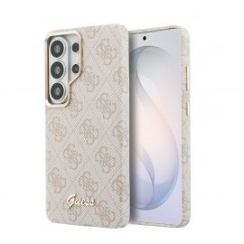 Rausvas originalus dėklas Guess PU 4G Script Metal Logo Magnetic telefonui Samsung Galaxy S26 Ultra