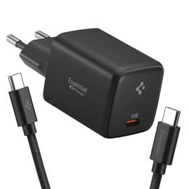 Juodas įkroviklis su laidu "SPIGEN EE451EU ESSENTIAL 1-PORT NETWORK CHARGER 45W + TYPE-C CABLE"