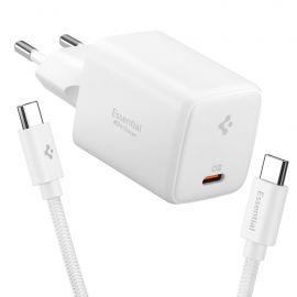 Baltas įkroviklis su laidu "SPIGEN EE451EU ESSENTIAL 1-PORT NETWORK CHARGER 45W + TYPE-C CABLE"