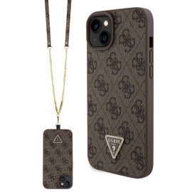 Rudas originalus dėklas Guess PU 4G Strass Triangle Metal Logo Case + Crossbody Strap telefonui Apple iPhone 15 Plus