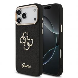 Juodas originalus dėklas Guess PU Fixed Glitter 4G Metal Frame telefonui Apple iPhone 17 Pro Max