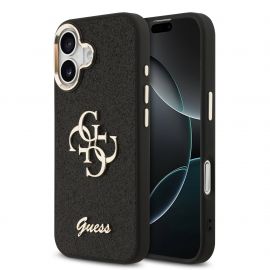 Juodas originalus dėklas Guess PU Fixed Glitter 4G Metal Frame telefonui Apple iPhone 17