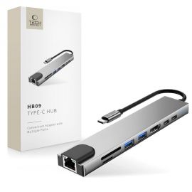 Pilkas adapteris "TECH-PROTECT HB09 HUB ADAPTER 8IN1 TYPE-C + USB-A3.0 + USB-C3.0 + HDMI 4K 60HZ + SD/TF + PD100W + RJ45 1000MB/S"