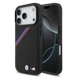 Juodas dėklas BMW M Tricolor Perforated Pattern MagSafe telefonui Apple iPhone 17 Pro