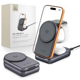 Tamsiai pilkas belaidis pakrovėjas "TECH-PROTECT A53 3IN1 MAGNETIC MAGSAFE WIRELESS CHARGER 25W QI2.2"