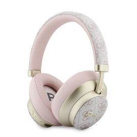 Rausvos belaidės ausinės "Guess PU 4G Gold Script Metal Logo ENC Wireless Earphones"