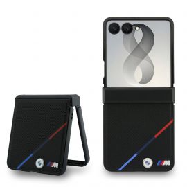 Juodas dėklas BMW M PU Perforated Tricolor Stripe Magnetic telefonui Samsung Galaxy Z Flip 8