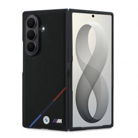 Juodas dėklas BMW M PU Perforated Tricolor Stripe Magnetic telefonui Samsung Galaxy Z Fold 8 Ultra