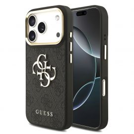 Juodas dėklas telefonui Apple iPhone 18 Pro "Guess PU Leather 4G Metal Logo Gold Frame MagSafe"