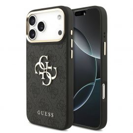 Juodas dėklas telefonui Apple iPhone 18 Pro Max "Guess PU Leather 4G Metal Logo Gold Frame MagSafe"