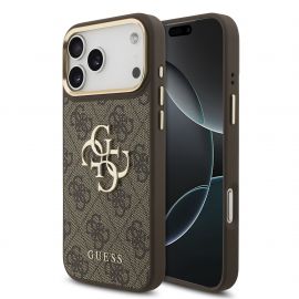Rudas dėklas telefonui Apple iPhone 18 Pro Max "Guess PU Leather 4G Metal Logo Gold Frame MagSafe"