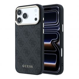 Juodas dėklas telefonui Apple iPhone 18 Pro Max "Guess PU Leather 4G Gold Frame MagSafe"